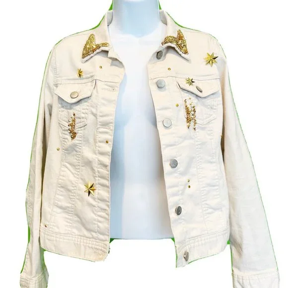 Handmade Upcycled Disney Jean Jacket sz S Sequin Embellished Mickey Denim Gold - Picture 7 of 10